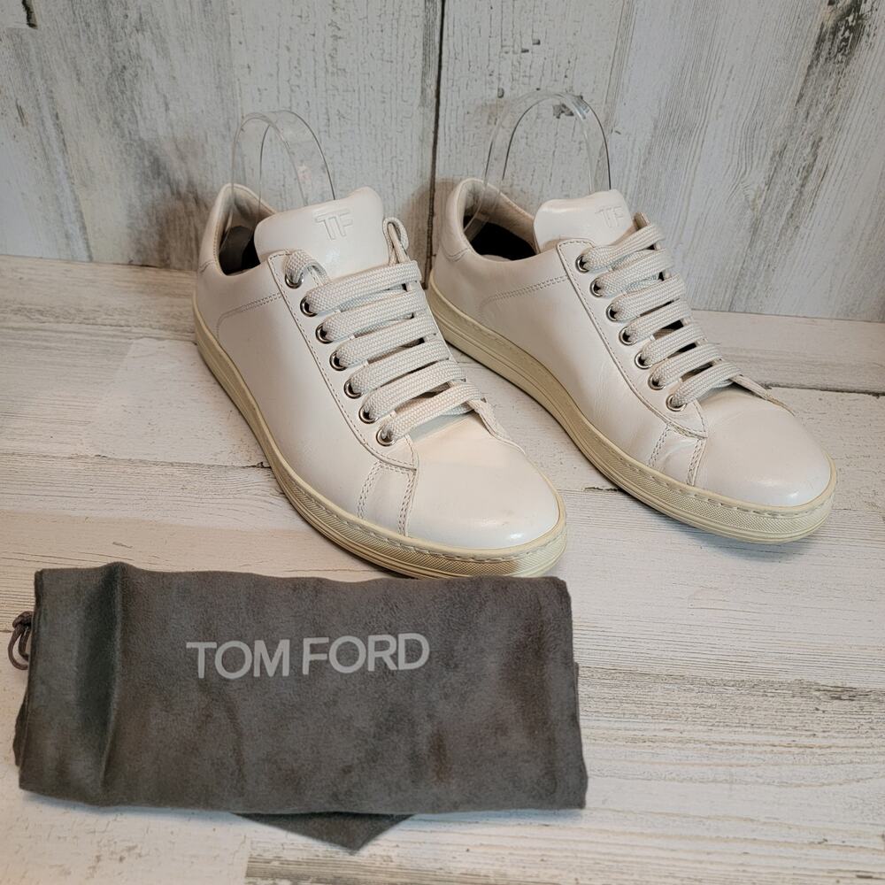 TOM FORD TF LOGO CREAM STIFF LEATHER MINIMAL CLASSIC SNEAKERS, SIZE 38.5 *